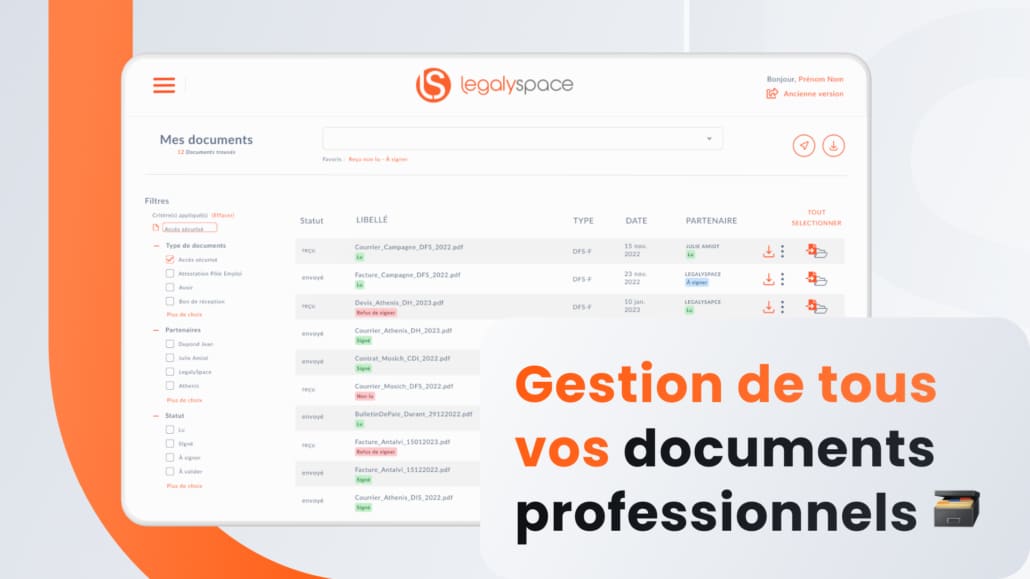 Plus qu’un coffre-fort électronique, LegalySpace est une plateforme unifiée de dématérialisation des documents professionnels et de signature électronique. 